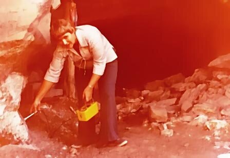 Doris Barnes with Geiger counter at Geneva Minerals uranium mine in Eastern Utah