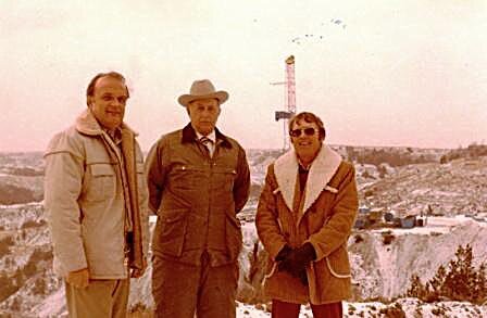 Bud Collins - Salt Lake City, Bill King w/Riddle Oil Company, and T.D. Barnes, President Barnes Petroleum Corporation at well location in Wyoming.